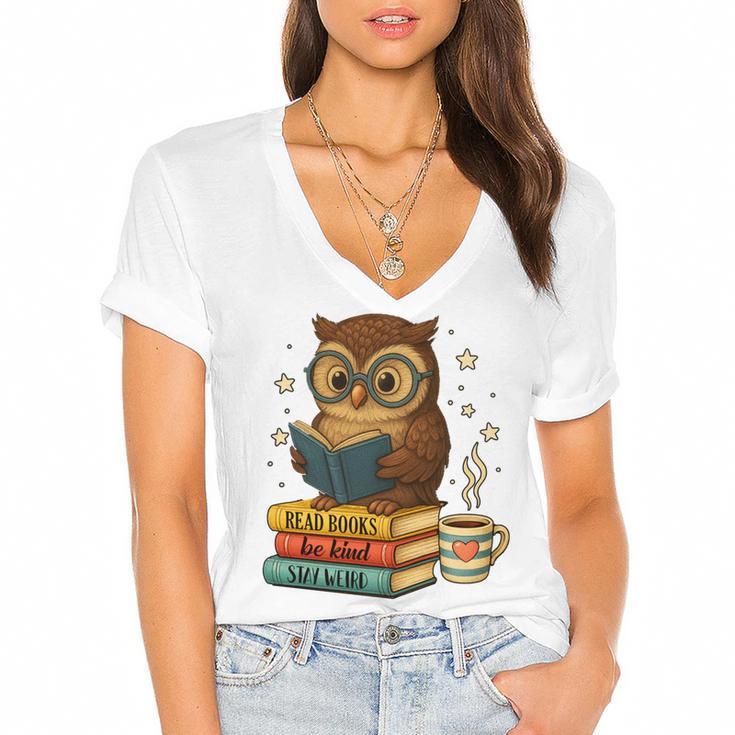 Book Lover Owl Reading Bookish Library Read Books Be Kind Women's Jersey Short Sleeve Deep V-Neck Tshirt