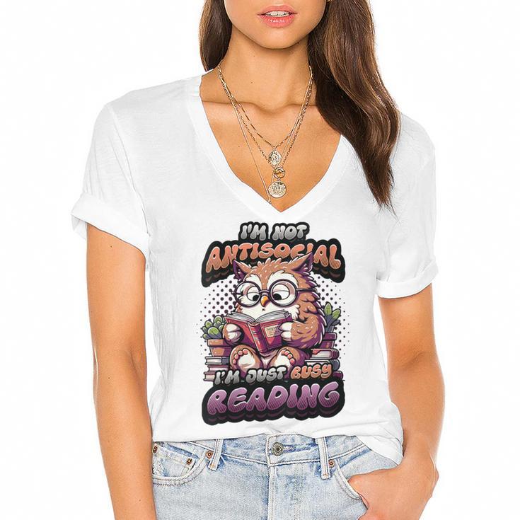 Book Lover Owl Reading Books Introvert Bookworm Women's Jersey Short Sleeve Deep V-Neck Tshirt