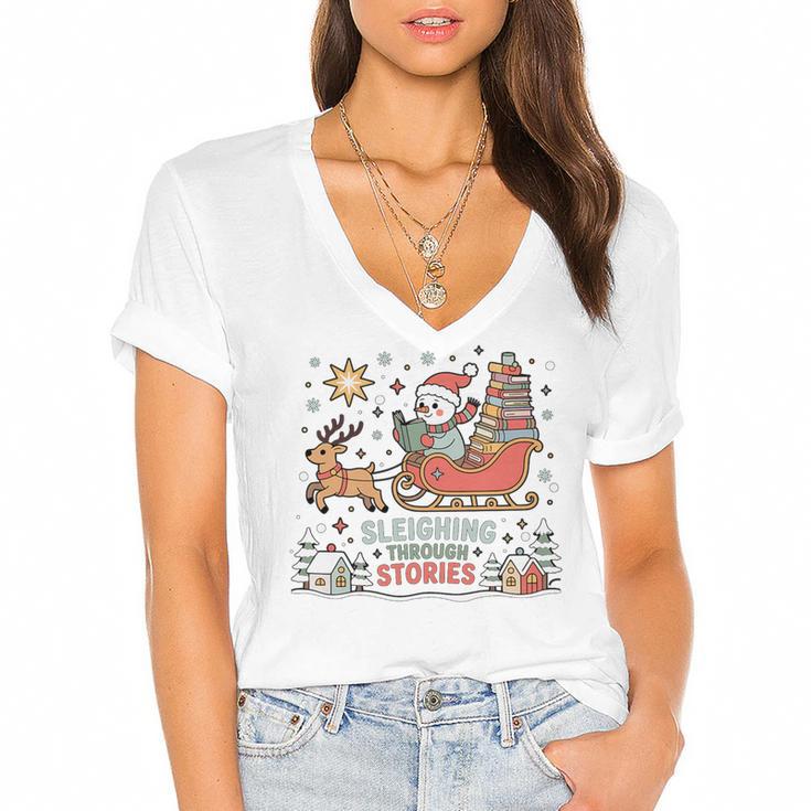 Book Lovers Winter Sleighing Through Stories Tee Premium Tri-Blend Women's Jersey Short Sleeve Deep V-Neck Tshirt				