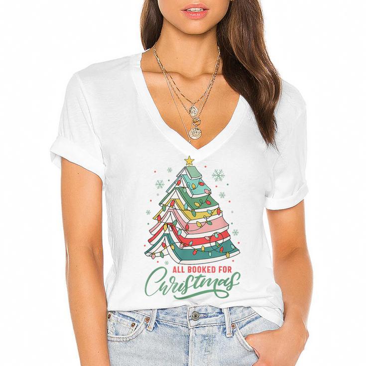 All Booked For Christmas Book Xmas Tree Lights Reading Girly Women's Jersey Short Sleeve Deep V-Neck Tshirt				