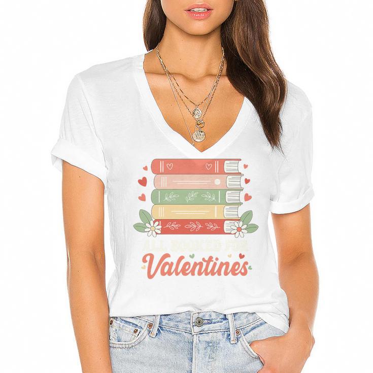 All Booked For Valentines Retro Book Lover Teacher Bookworm Premium Tri-Blend Women's Jersey Short Sleeve Deep V-Neck Tshirt