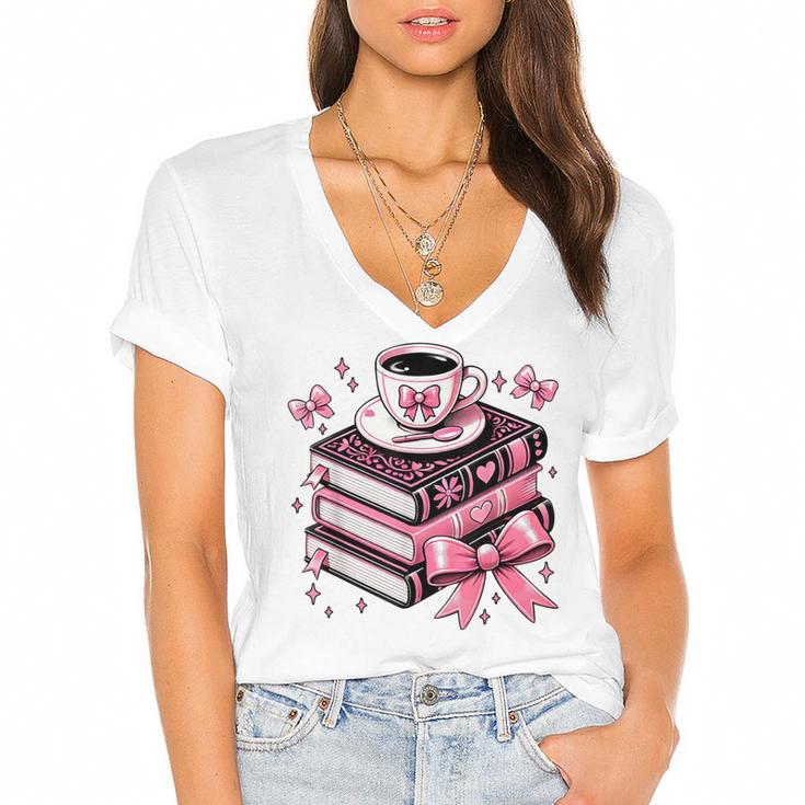 All Booked For Valentine's Teacher Coquette Bow Coffee Book Women's Jersey Short Sleeve Deep V-Neck Tshirt				