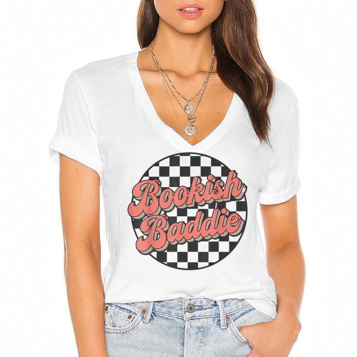 Bookish Baddie Retro Aesthetic Typography Women's Jersey Short Sleeve Deep V-Neck Tshirt				