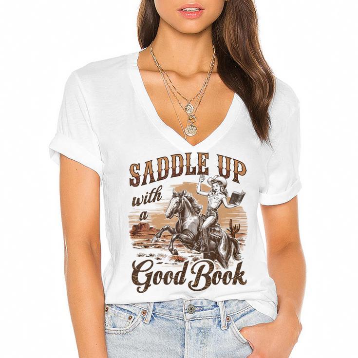Bookish Retro Western Cowgirl Texas Book Lover Novel Reader Women's Jersey Short Sleeve Deep V-Neck Tshirt Bookish Retro Western Cowgirl Texas Book Lover Novel Reader Women's Jersey Short Sleeve Deep V-Neck Tshirt
