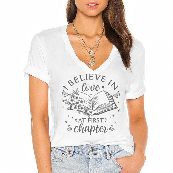 Books I Believe In Love At First Chapter Book Lover Women's Jersey Short Sleeve Deep V-Neck Tshirt				