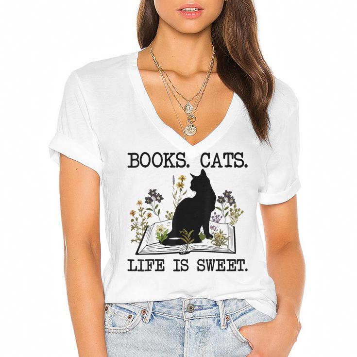 Books Cats Life Is Sweet Cat Book Lover Men Women Teen Women's Jersey Short Sleeve Deep V-Neck Tshirt				