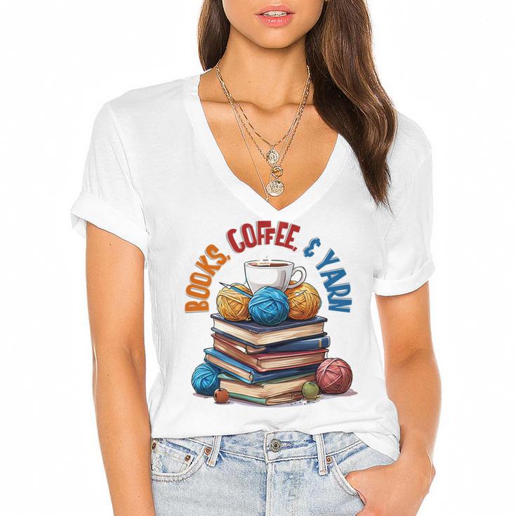 “Books Coffee & Yarn Enthusiast Cozy Reader Women's Jersey Short Sleeve Deep V-Neck Tshirt				