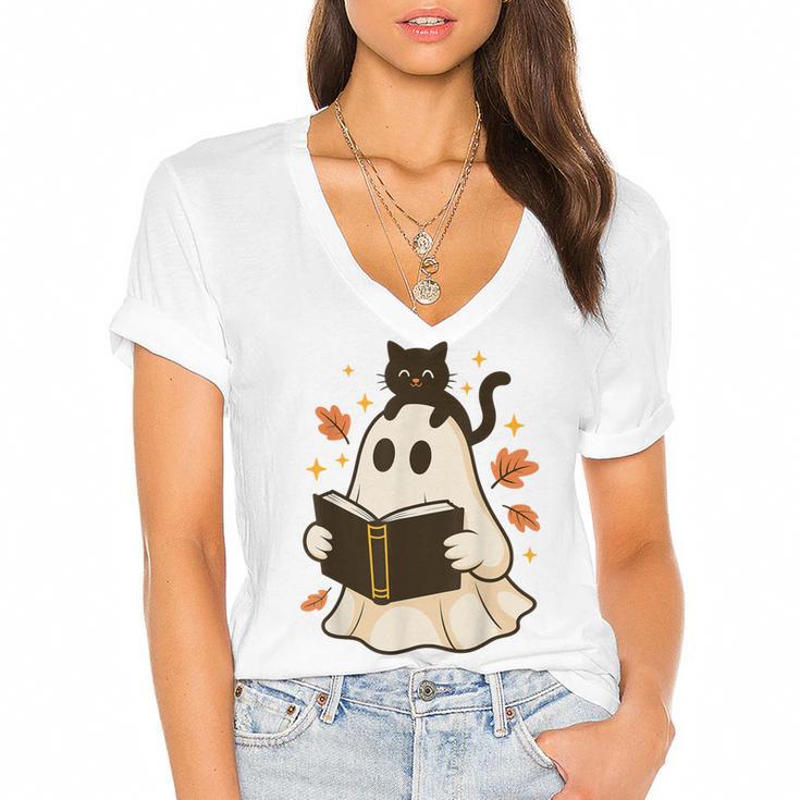 Books Ghost Reading Book Halloween Library Cat Fall Women's Jersey Short Sleeve Deep V-Neck Tshirt				