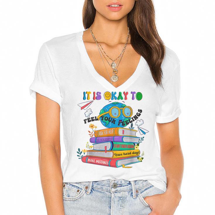Books It's Okay To Be Kind Yellow Mental Health Day Kids Women's Jersey Short Sleeve Deep V-Neck Tshirt				