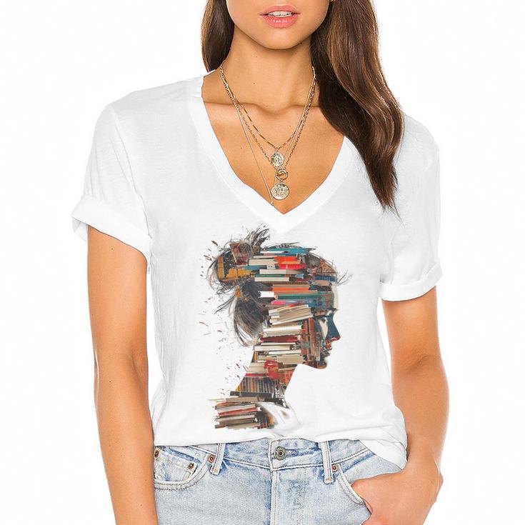 Books Lover Women Art Colorful Drawing Graphic Books Women's Jersey Short Sleeve Deep V-Neck Tshirt
