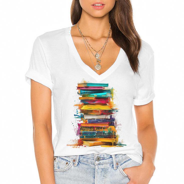 Books Painting Colorful Art Abstract Graphic Books Women's Jersey Short Sleeve Deep V-Neck Tshirt