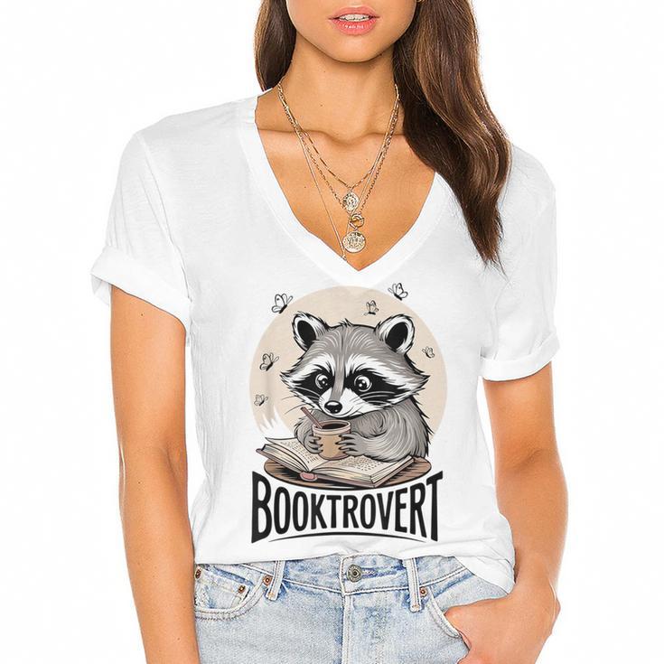 Booktrovert Raccoon Reading And Coffee For Book Lover Women's Jersey Short Sleeve Deep V-Neck Tshirt				