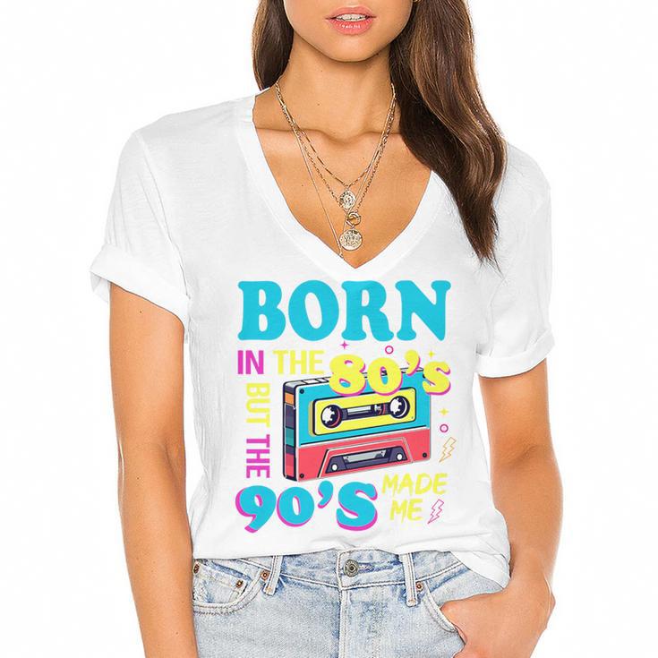 Born In The 80's But 90's Made Me Nostalgia Cassette Tape Premium Tri-Blend Women's Jersey Short Sleeve Deep V-Neck Tshirt