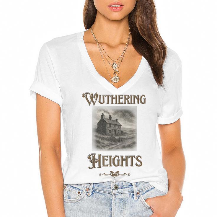 Bronte Novel Wuthering Heights Moorland Gothic Book Cover Women's Jersey Short Sleeve Deep V-Neck Tshirt				