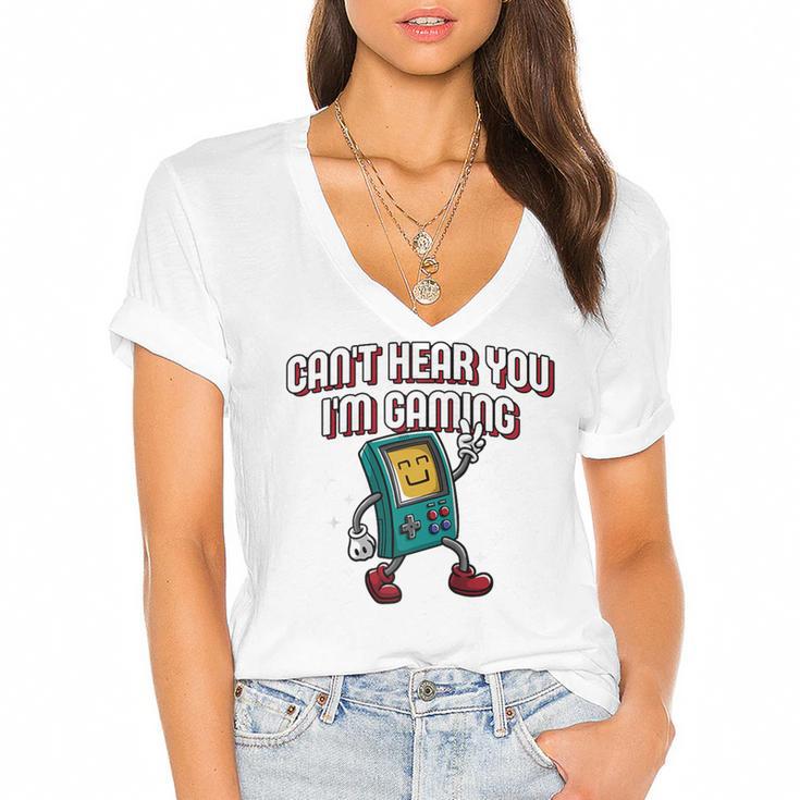Cant Hear You Im Gaming Introvert Gamer Antisocial Raglan Baseball Tee Women's Jersey Short Sleeve Deep V-Neck Tshirt