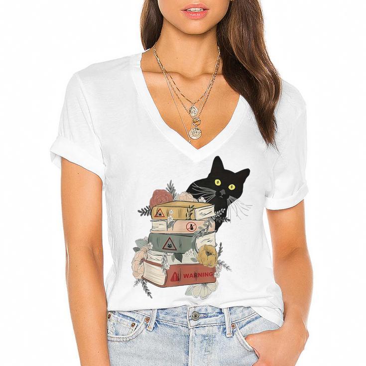 Cat And Books Flowers Reading Club Cat Lover Bookworm Women's Jersey Short Sleeve Deep V-Neck Tshirt				