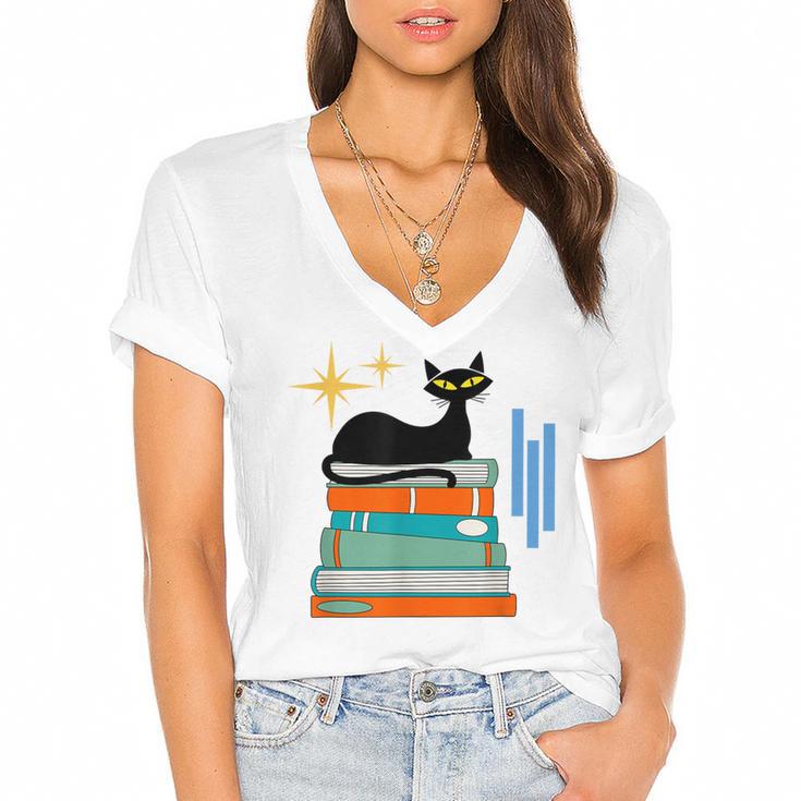Cat And Books Retro Midcentury Mid Century Aesthetic Women's Jersey Short Sleeve Deep V-Neck Tshirt