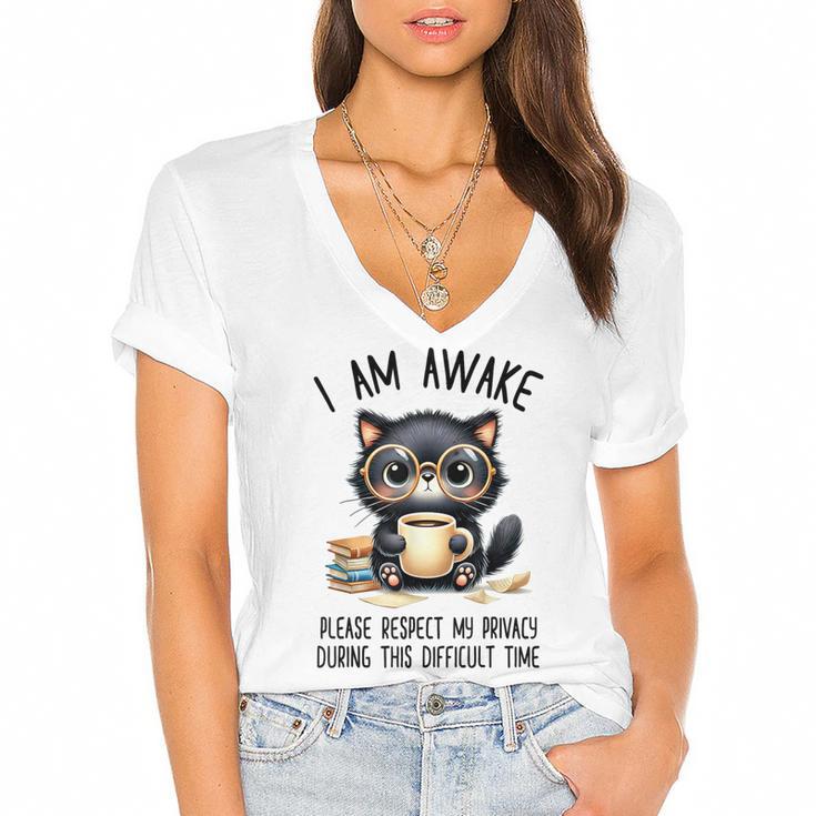 Cat Glasses Coffe Books I Am Awake Please Respect My Privacy Women's Jersey Short Sleeve Deep V-Neck Tshirt