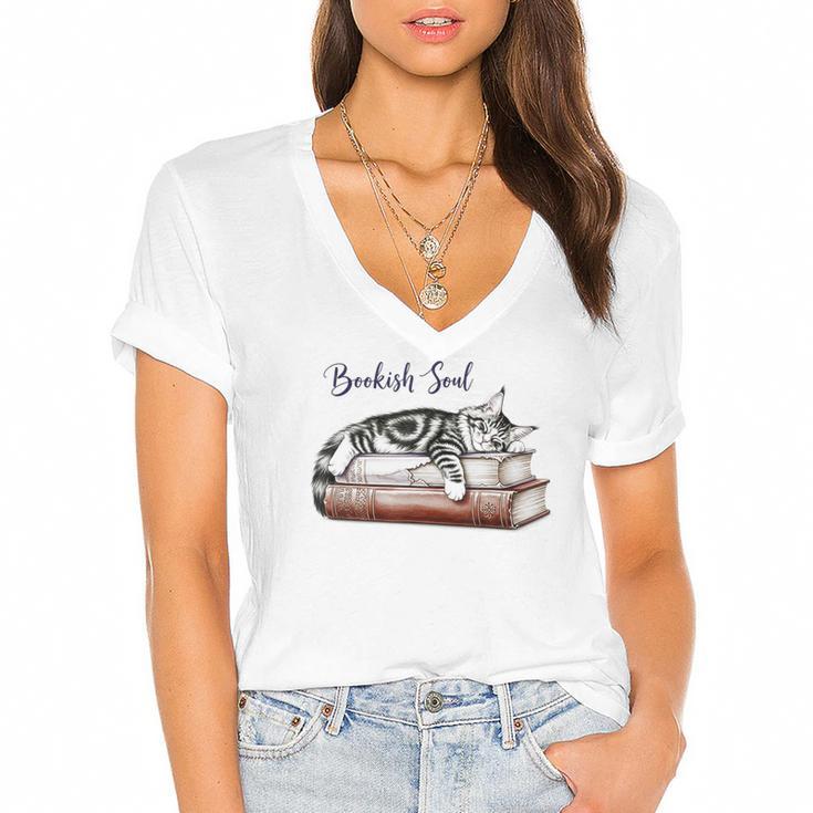 Cat Life Books And Cats Cat Lover Cat Mom Book Lovers Women's Jersey Short Sleeve Deep V-Neck Tshirt				