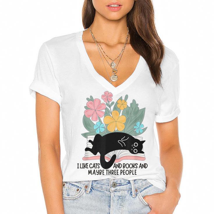 Cat Meme I Like Cats And Books And Maybe Three People Women's Jersey Short Sleeve Deep V-Neck Tshirt				