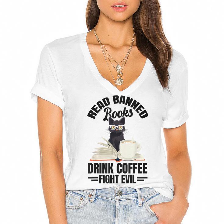 Cat I Read Banned Books Shirt Bookworm Avid Reader For Men Women Kids Women's Jersey Short Sleeve Deep V-Neck Tshirt				