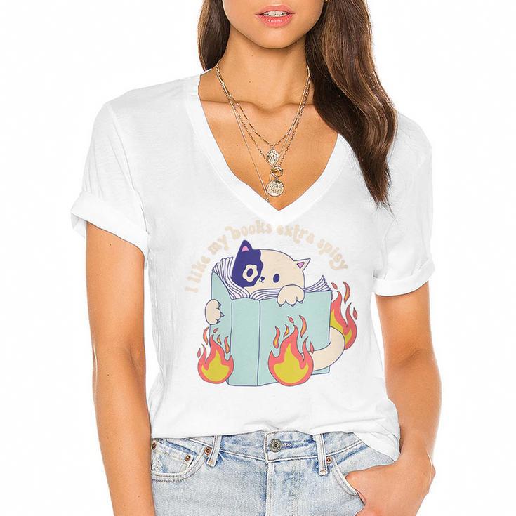 Cat Reading a Romance BookI Like My Books Extra Spicy Women's Jersey Short Sleeve Deep V-Neck Tshirt