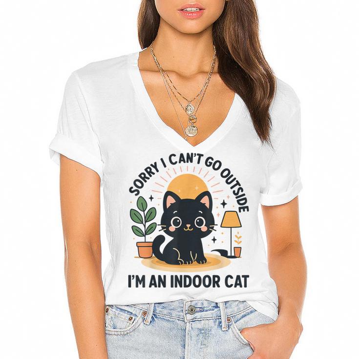 Cat Shirt Introvert Sorry I Can’t Go I’m An Indoor Cat Women's Jersey Short Sleeve Deep V-Neck Tshirt