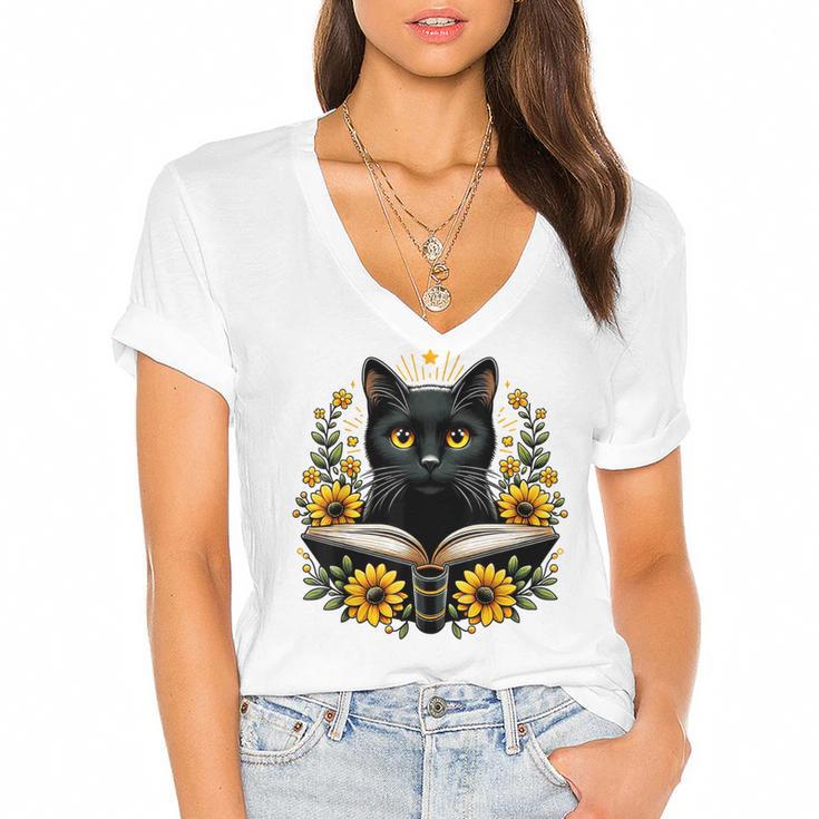 Cat For Women Book Lover Cute Cat And Book Women's Jersey Short Sleeve Deep V-Neck Tshirt				