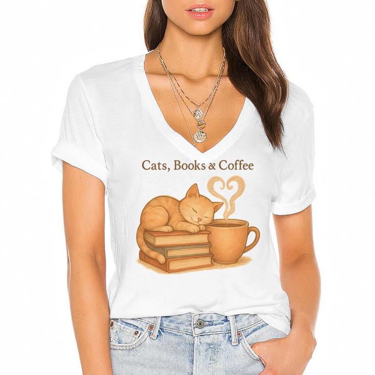 Cats Books And Coffee Heart Cozy Cat Lover Bookworm Readers Women's Jersey Short Sleeve Deep V-Neck Tshirt				