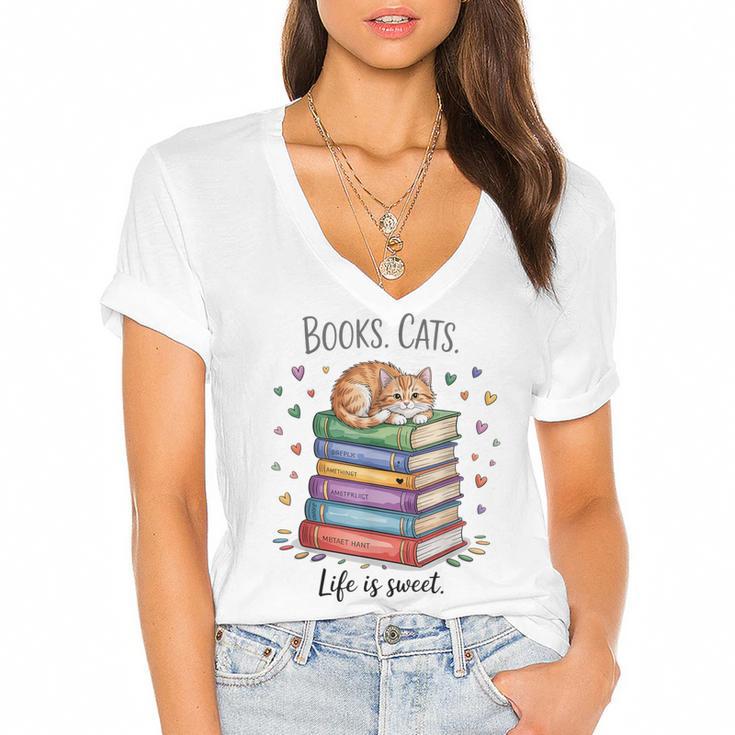 Cats Books Lover Men Women Women's Jersey Short Sleeve Deep V-Neck Tshirt				