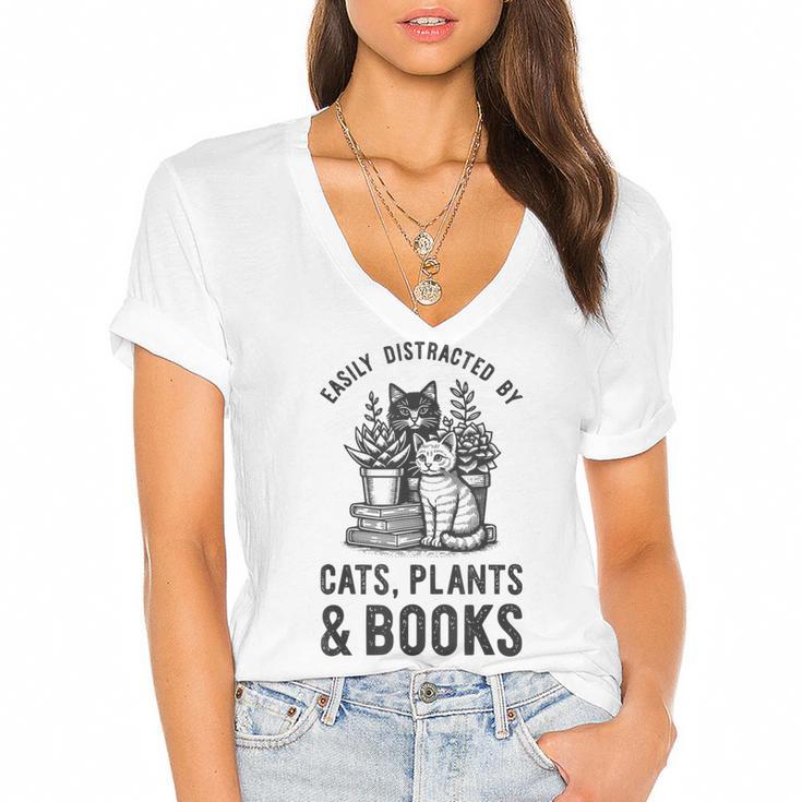 Cats Plants And Books Shirt Plant Lover Gardening Women's Jersey Short Sleeve Deep V-Neck Tshirt