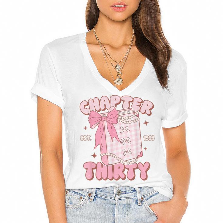Chapter Thirty Est 1995 Cute 30th Birthday Book Bow Coquette Women's Jersey Short Sleeve Deep V-Neck Tshirt				