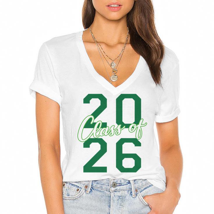 Class Of 2026 Graduation Varsity Green And On The Back Women's Jersey Short Sleeve Deep V-Neck Tshirt				