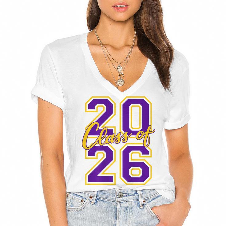 Class Of 2026 Graduation Varsity Purple Yellow On The Back Women's Jersey Short Sleeve Deep V-Neck Tshirt				