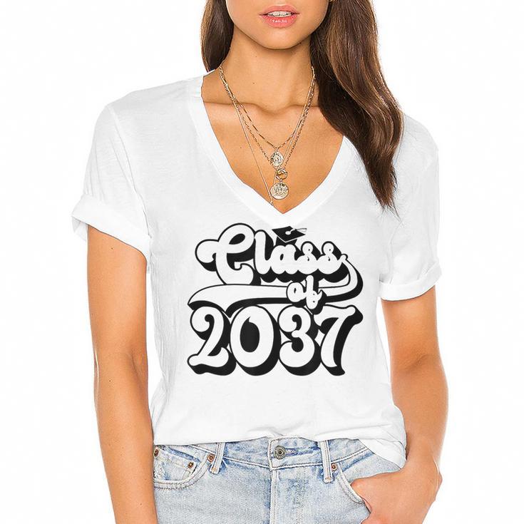 Class Of 2037 Senior Retro 2037 Grad Graduate Graduation Women's Jersey Short Sleeve Deep V-Neck Tshirt				