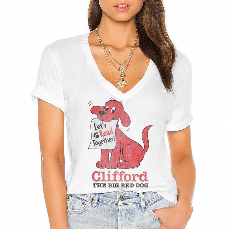 Clifford The Big Red Dog Let's Read Together Vintage Book Women's Jersey Short Sleeve Deep V-Neck Tshirt