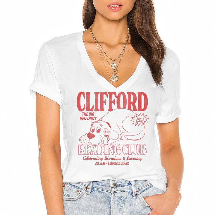 Clifford The Big Red Dog Reading Club Est 1988 Kids Books Women's Jersey Short Sleeve Deep V-Neck Tshirt				