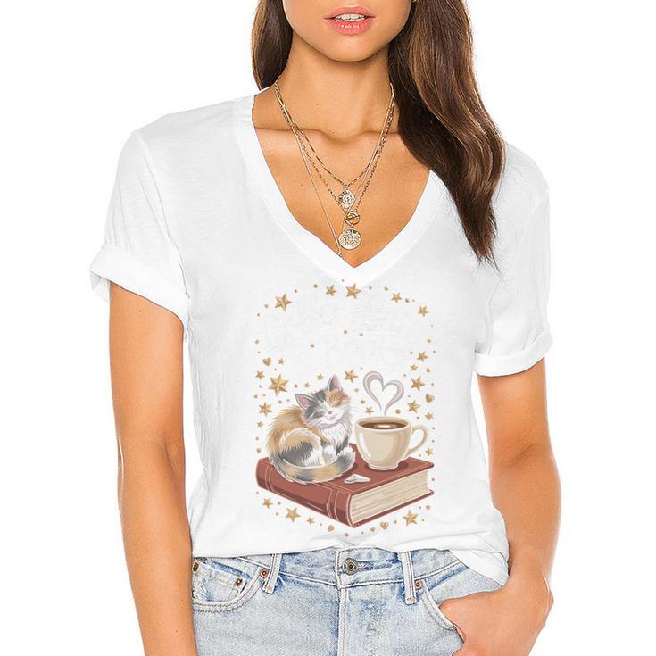 Coffee Cats & Books Cute Cat Book Lover Reading Women's Jersey Short Sleeve Deep V-Neck Tshirt				