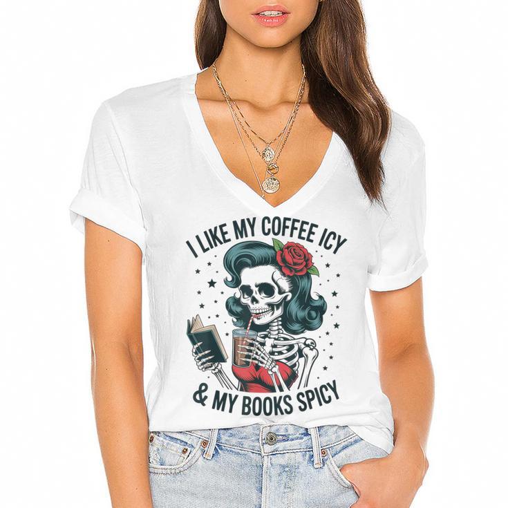 I Like My Coffee ICY & My Books Spicy For Book Lovers Women's Jersey Short Sleeve Deep V-Neck Tshirt				