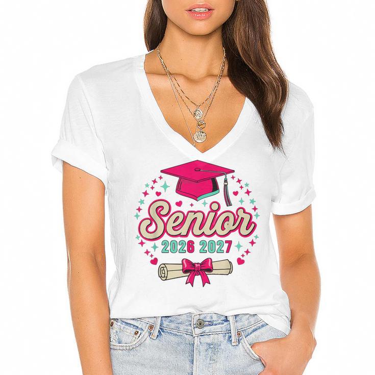 Coquette Pink Bow Senior 2026 2027 Graduation Women's Jersey Short Sleeve Deep V-Neck Tshirt				