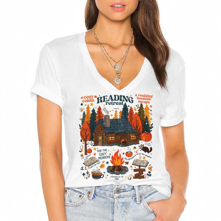 Cozy Reading Cabin Retreat Fall Bookish Autumn Cozy Reader Women's Jersey Short Sleeve Deep V-Neck Tshirt				