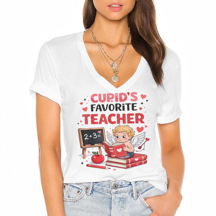 Cupid's Favorite Math Teacher Valentine Reading Book Women Women's Jersey Short Sleeve Deep V-Neck Tshirt