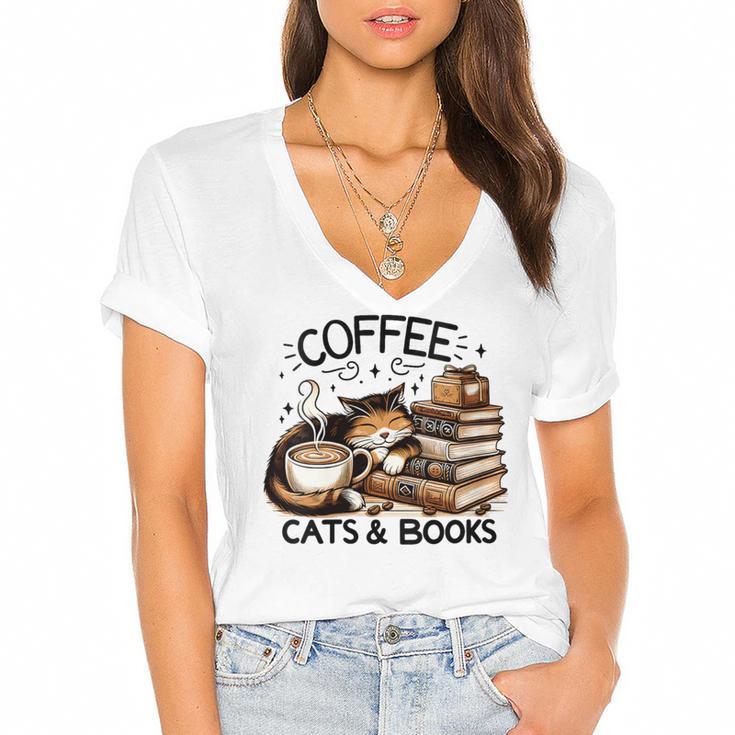 Cute Coffee Cats Books Lover Idea Women Men Kids Women's Jersey Short Sleeve Deep V-Neck Tshirt