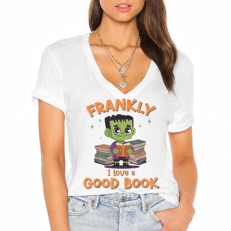 Cute Halloween Teacher Librarian Frankenstein Reading Books Women's Jersey Short Sleeve Deep V-Neck Tshirt				