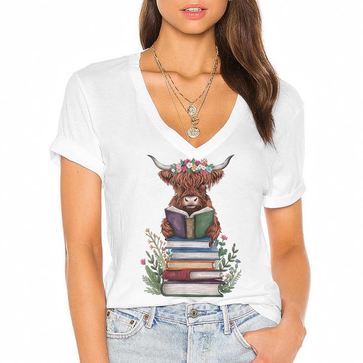 Cute Highland Cow With Book Floral Bookworm Librarian Book Women's Jersey Short Sleeve Deep V-Neck Tshirt				