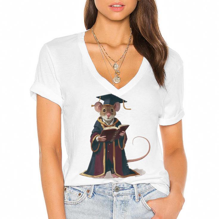 Cute Mouse Reading Book Graduation Women's Jersey Short Sleeve Deep V-Neck Tshirt