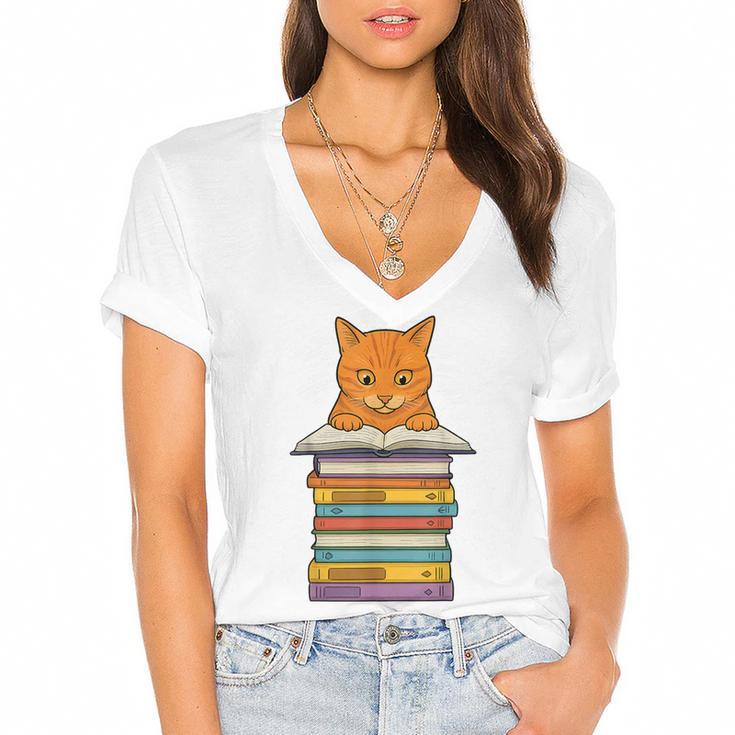 Cute Orange Tabby Cat Reading On Pile Of Books Women's Jersey Short Sleeve Deep V-Neck Tshirt				