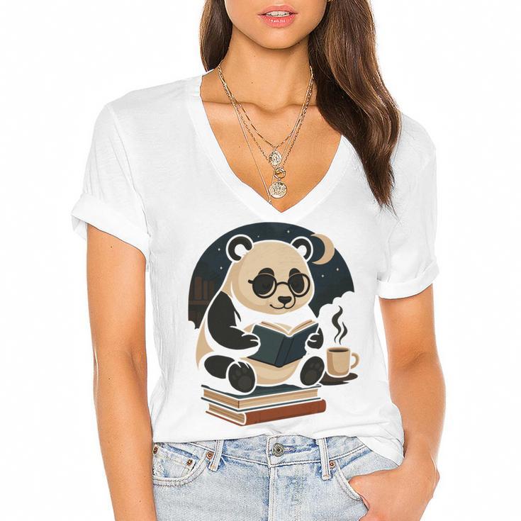 Cute Panda Reading Book Under Moon Bookworm Coffee Lover Women's Jersey Short Sleeve Deep V-Neck Tshirt				