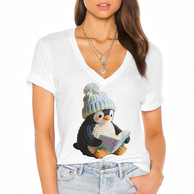 Cute Penguin Reading Book Faux-Crochet Print Women's Jersey Short Sleeve Deep V-Neck Tshirt Cute Penguin Reading Book Faux-Crochet Print Women's Jersey Short Sleeve Deep V-Neck Tshirt