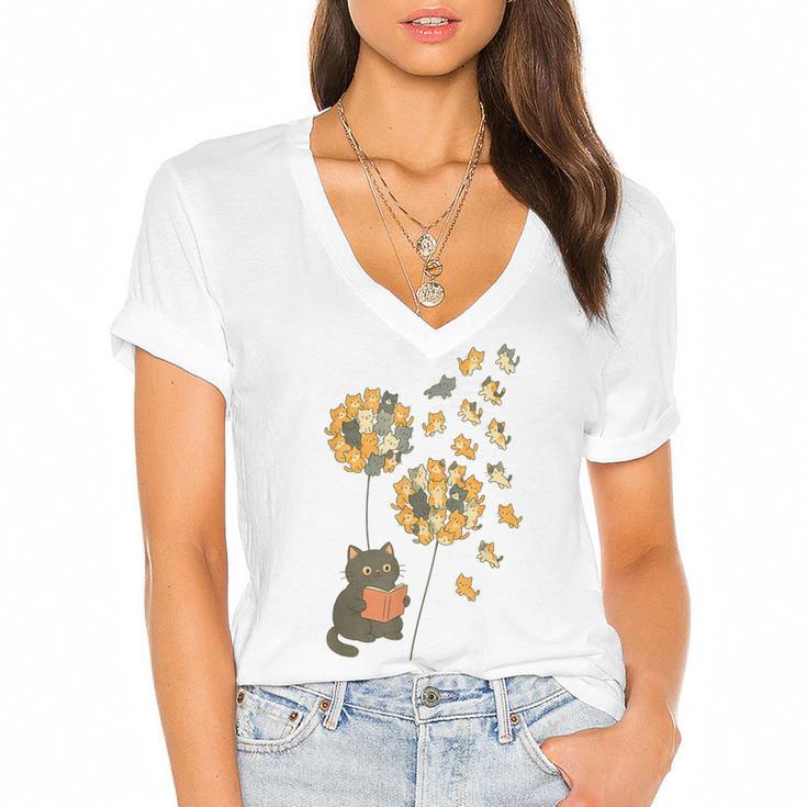 Cute Reading Cat With Kitten Dandelion Flowers Book Lover Women's Jersey Short Sleeve Deep V-Neck Tshirt				